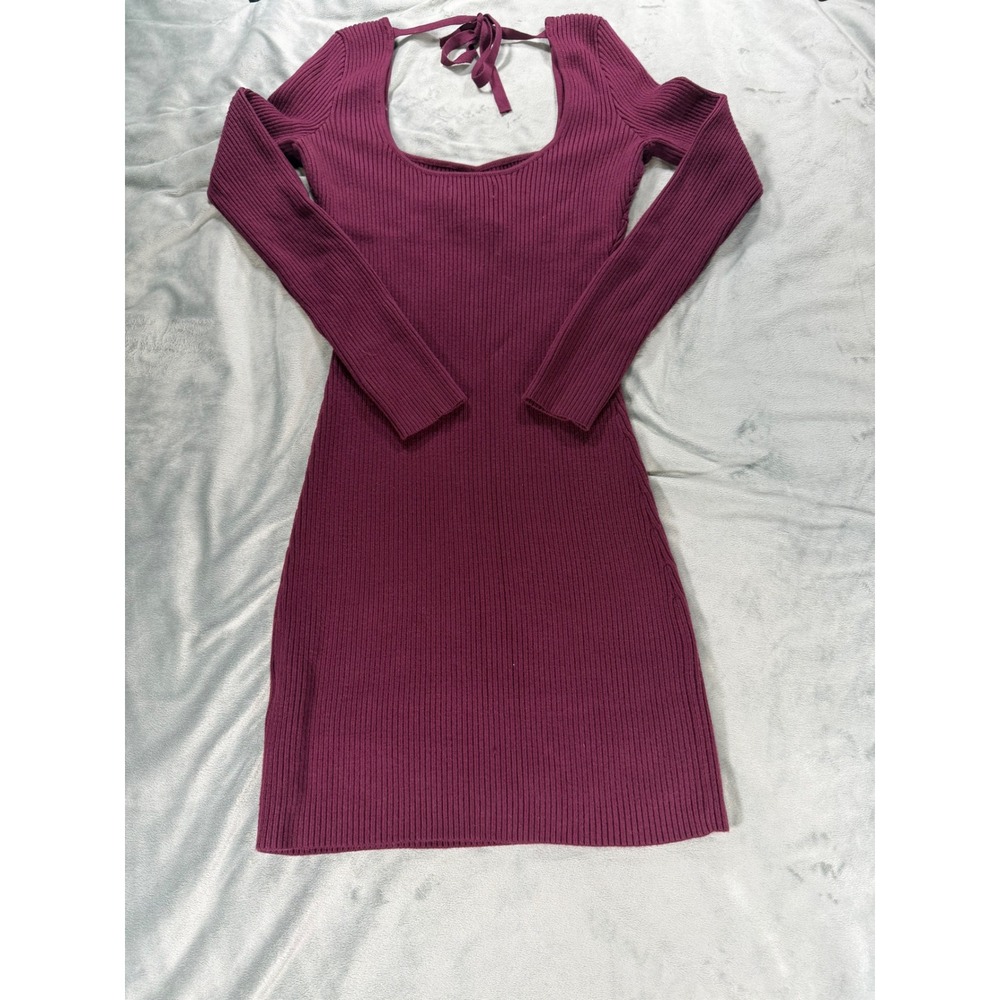Hollister Tie Back Ribbed Burgundy Long Sleeve Square Neck Body Con Mini Dress S